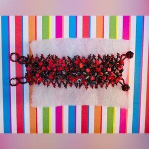 Wide Black/Red/Copper Braided Bracelet -17cm Length